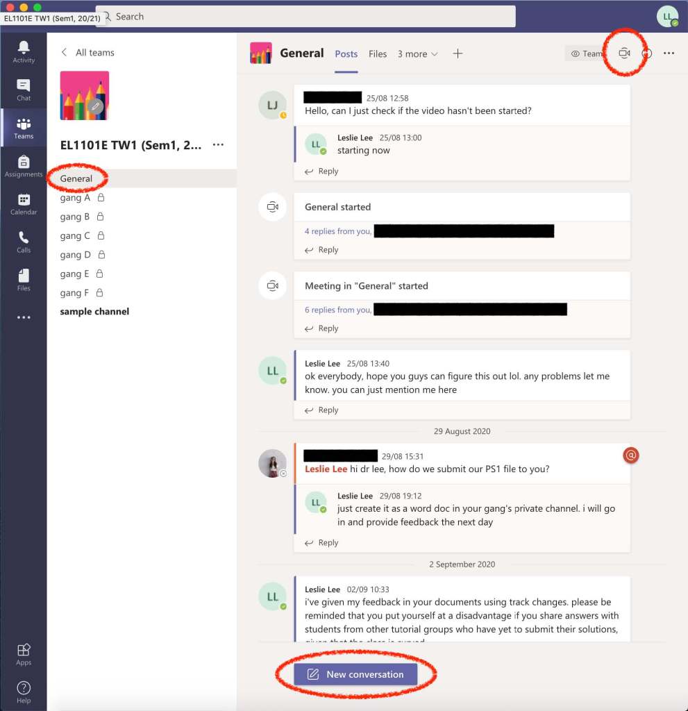 Figure 1 - Screenshot of of a Microsoft Team created for a
section. All students within the Team have access to
the “General” channel. Three items are circled: The general tab, the video camera icon, and the button for starting new conversations.