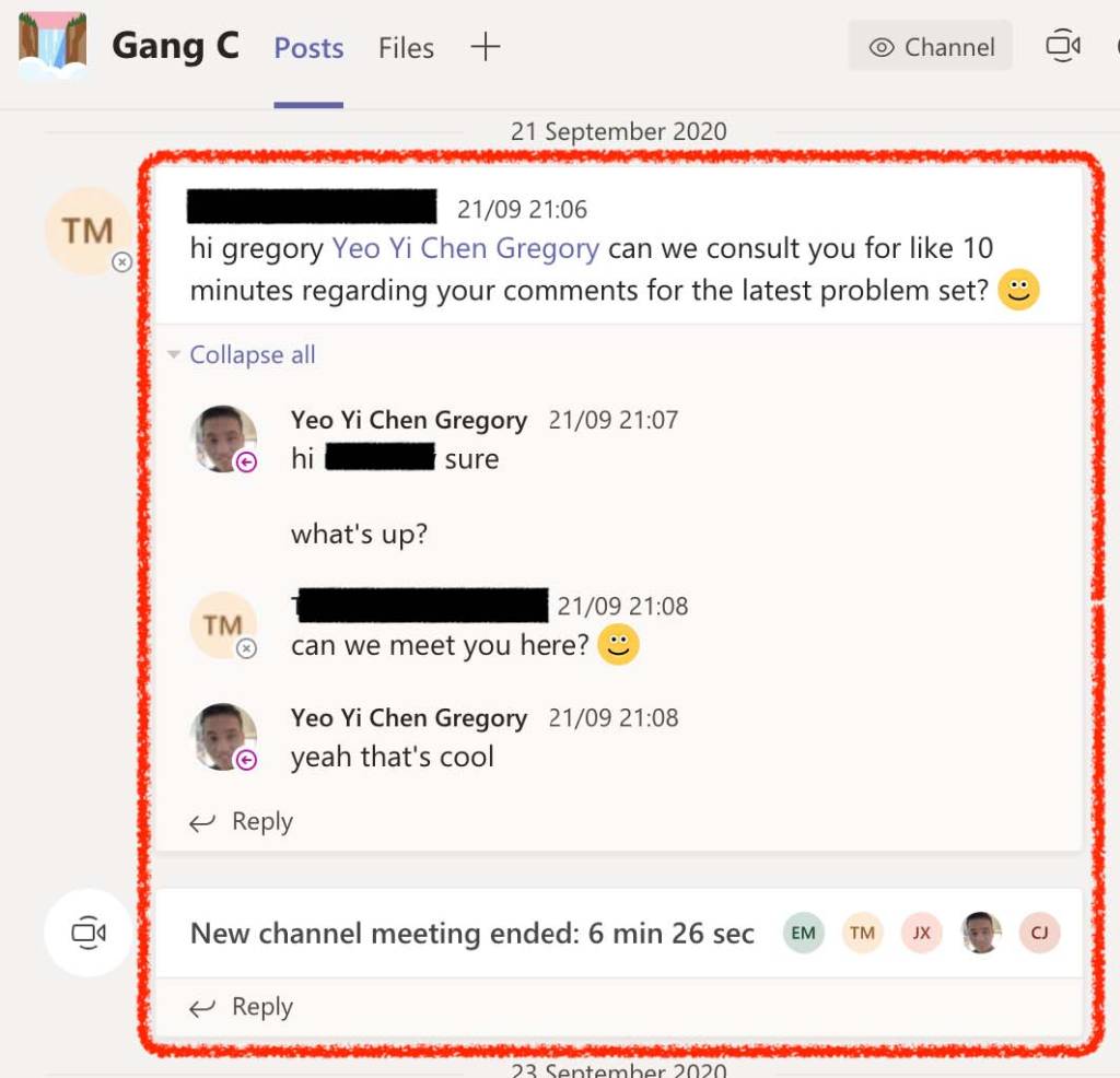 Screenshot of students requesting video call with TA within their private channel using a chat feature that is circled in red. 