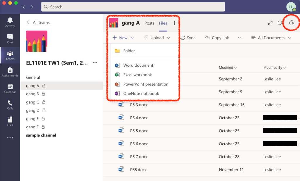 A screenshot of sub-team A's files area. There are two areas circled in red: the video camera icon and the list of Microsoft Office suite applications available in sub-team A's files area. 