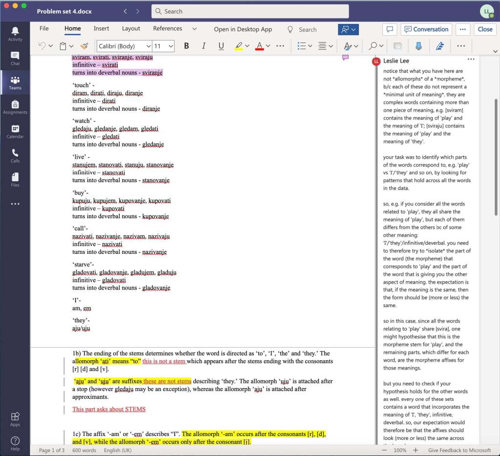 Screenshot of example of tailored feedback using comments. Image shows highlighted text in main window in pink and yellow, and instructor's detailed feedback in a column to the left of the main window.