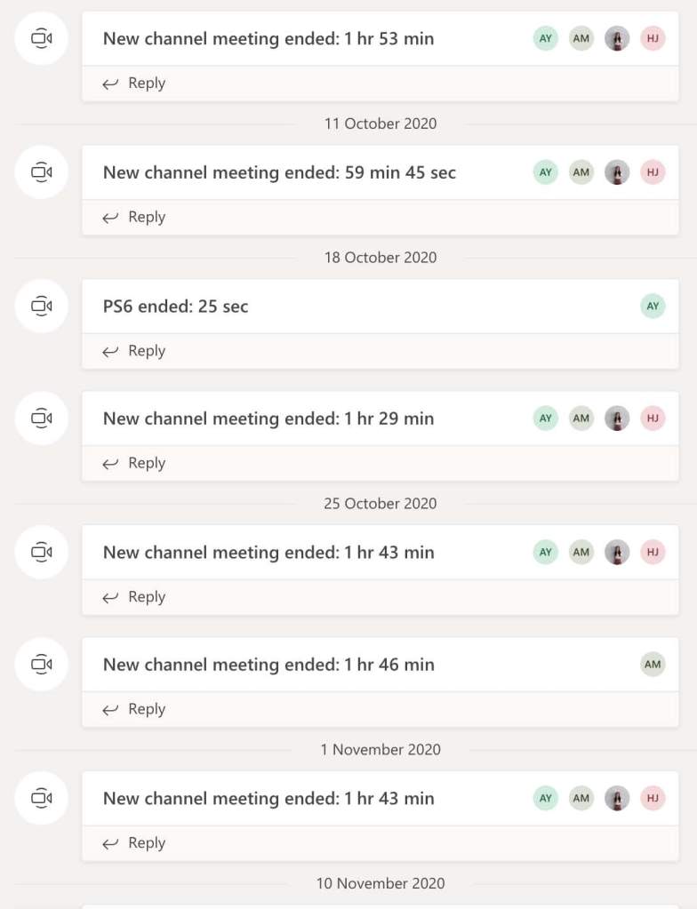 Screenshots of a list of weekly online meetings to discuss problem sets.