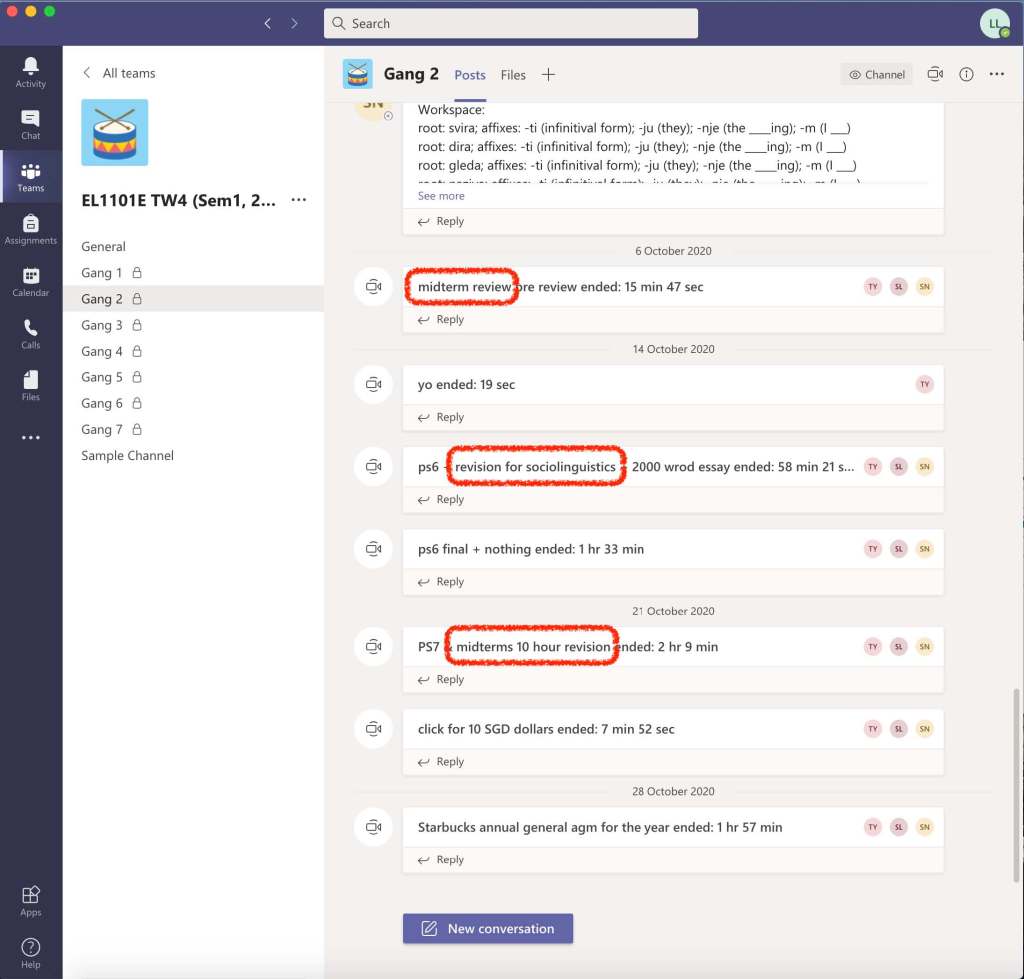 Screenshot of listing of meetings beyond the discussion
of problem sets. Circled in red are meetings for midterm review or revision sessions for sociolinguistics or midterms. 